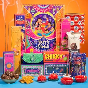 Phool 10 item Shubh Diwali Popup with Lantern Giftbox - Diwali gift hamper with dry fruit ladoo, bombay bhel chikki, diya, candles and more. Gift for Family & Corporate Gifting 2026