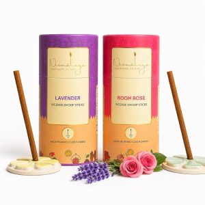 Nirmalaya Premium Lavender & Rose Bambooless Dhoop Sticks (80 Sticks) with Ceramic Stand Sacred Temple Flower | 100% Charcoal-Free | for Pooja, Meditation, Yoga & Home Fragrance