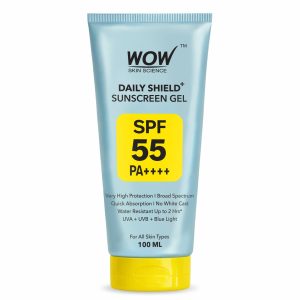 WOW Skin Science Daily Shield+ Sunscreen Gel SPF 55 PA++++ | Broad Spectrum UVA UVB & Blue Light Protection | Lightweight Gel, No White Cast | Water Resistant up to 2 Hrs | For All Skin Types | 100 ml