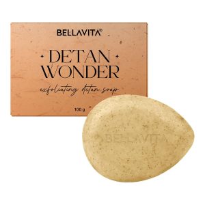 Bellavita De-Tan Wonder Soap | Exfoliating Face & Body Soap for Tan Removal | Enriched with Kojic Acid, Jojoba Oil & Alpha Arbutin | Paraben & Mineral Oil Free, 100g