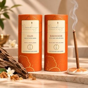Nirmalaya Premium Oudh & Bakhoor Bambooless Dhoop Sticks (80 Sticks) with Ceramic Stand Sacred Temple Flower | 100% Charcoal-Free | for Pooja, Meditation, Yoga & Home Fragrance
