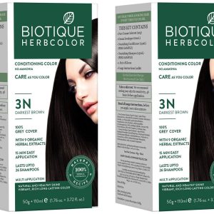 Biotique Herbcolor Conditioning Hair Colour l Ammonia Free Hair Color l 9 Organic Herbal Extracts l Natural and Healthy Shine l 50g + 110ml| Darkest Brown 3N (Pack of 2)