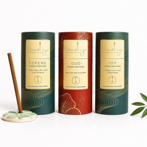 Nirmalaya Premium Serene, Oud, Joy Bambooless Dhoop Sticks (120 Sticks) with Ceramic Stand Sacred Temple Flower | 100% Charcoal-Free | for Pooja, Meditation, Yoga & Home Fragrance