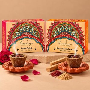 Nirmalaya Premium Kesar Sandalwood & Rooh Gulab Havan Cups | Pack of 30+ Diya Stand | 25+ Natural Havan Samagri Blend of Flower Powder, Loban & Jatamansi for Pooja
